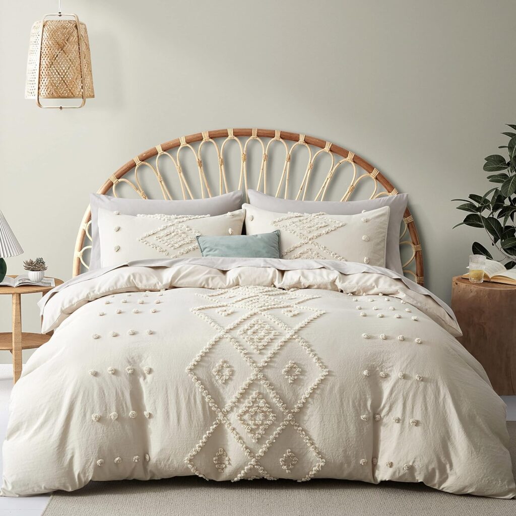 Oli Anderson Tufted Duvet Cover King Size, Soft and Lightweight Duvet Covers Set for All Seasons, 3 Pieces Boho Embroidery Shabby Chic Bedding Set (Beige, King, 104’’ x 90’’)