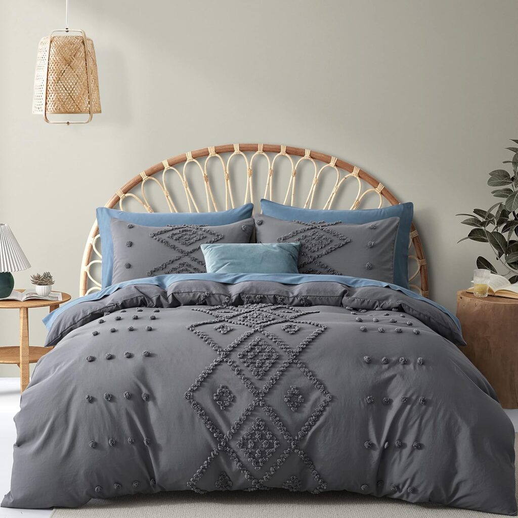 Oli Anderson Tufted Duvet Cover King Size, Soft and Lightweight Duvet Covers Set for All Seasons, 3 Pieces Boho Embroidery Shabby Chic Bedding Set (Beige, King, 104’’ x 90’’)