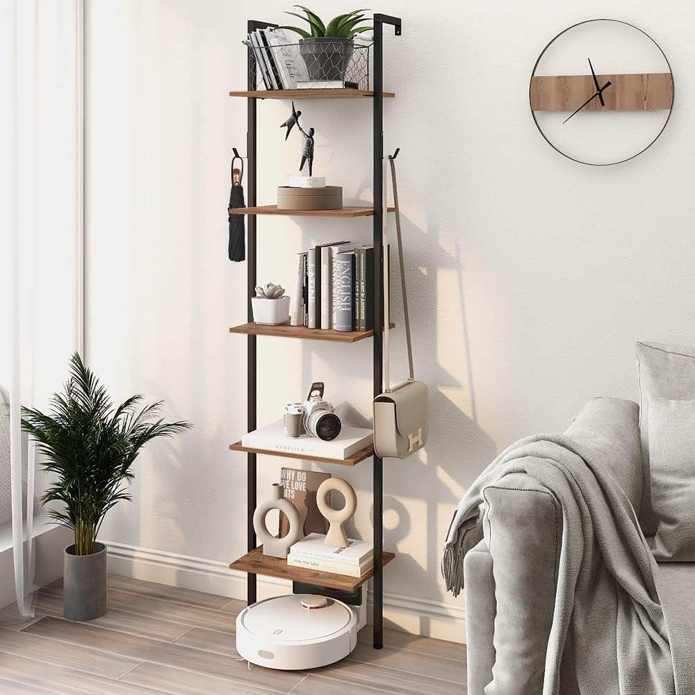 Tohomeor Industrial Bookshelf Wall Mounted 5-Tiers Ladder Shelf Wooden and Metal Narrow Thin Bookshelf Open Display Storage Rack for Living Room Bedroom Home Office (Rustic Brown, Small)