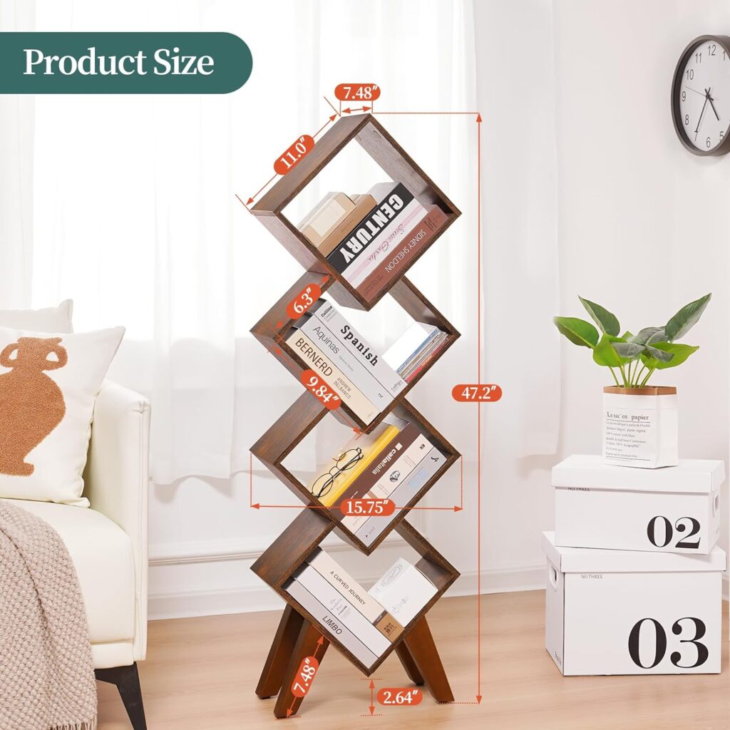 Yoobure Small Bookshelf, Tall Bookcase 4-Tier Book Shelf, Wood Bookcases Book Organizer, Industrial Bookshelves Floor Standing for CDs/Books in Small Spaces, Living Room, Home Office, Bedroom