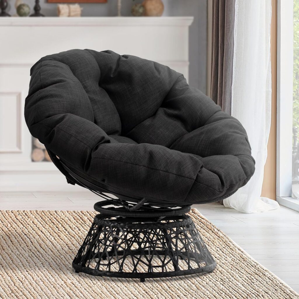 Bme Ergonomic Wicker Papasan Chair with Soft Thick Density Fabric Cushion, High Capacity Steel Frame, 360 Degree Swivel for Living, Bedroom, Reading Room, Lounge, Smoky Quartz - Brown Base