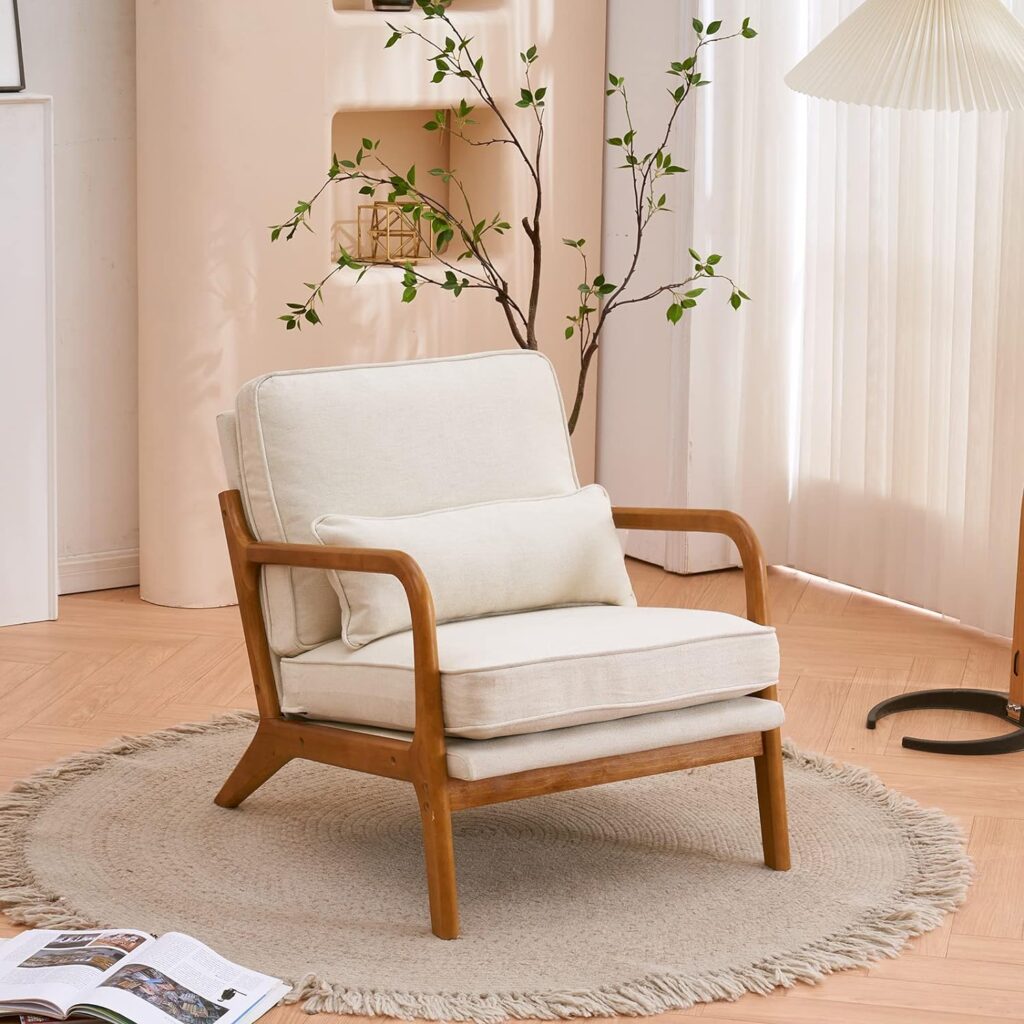 Karl home Accent Chair Mid-Century Modern Chair with Pillow Upholstered Lounge Arm Chair with Solid Wood Frame  Soft Cushion for Living Room, Bedroom, Belcony, Beige