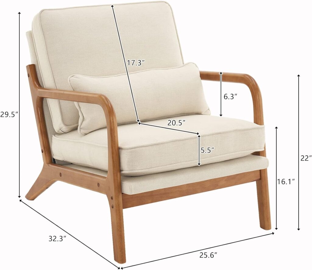 Karl home Accent Chair Mid-Century Modern Chair with Pillow Upholstered Lounge Arm Chair with Solid Wood Frame  Soft Cushion for Living Room, Bedroom, Belcony, Beige