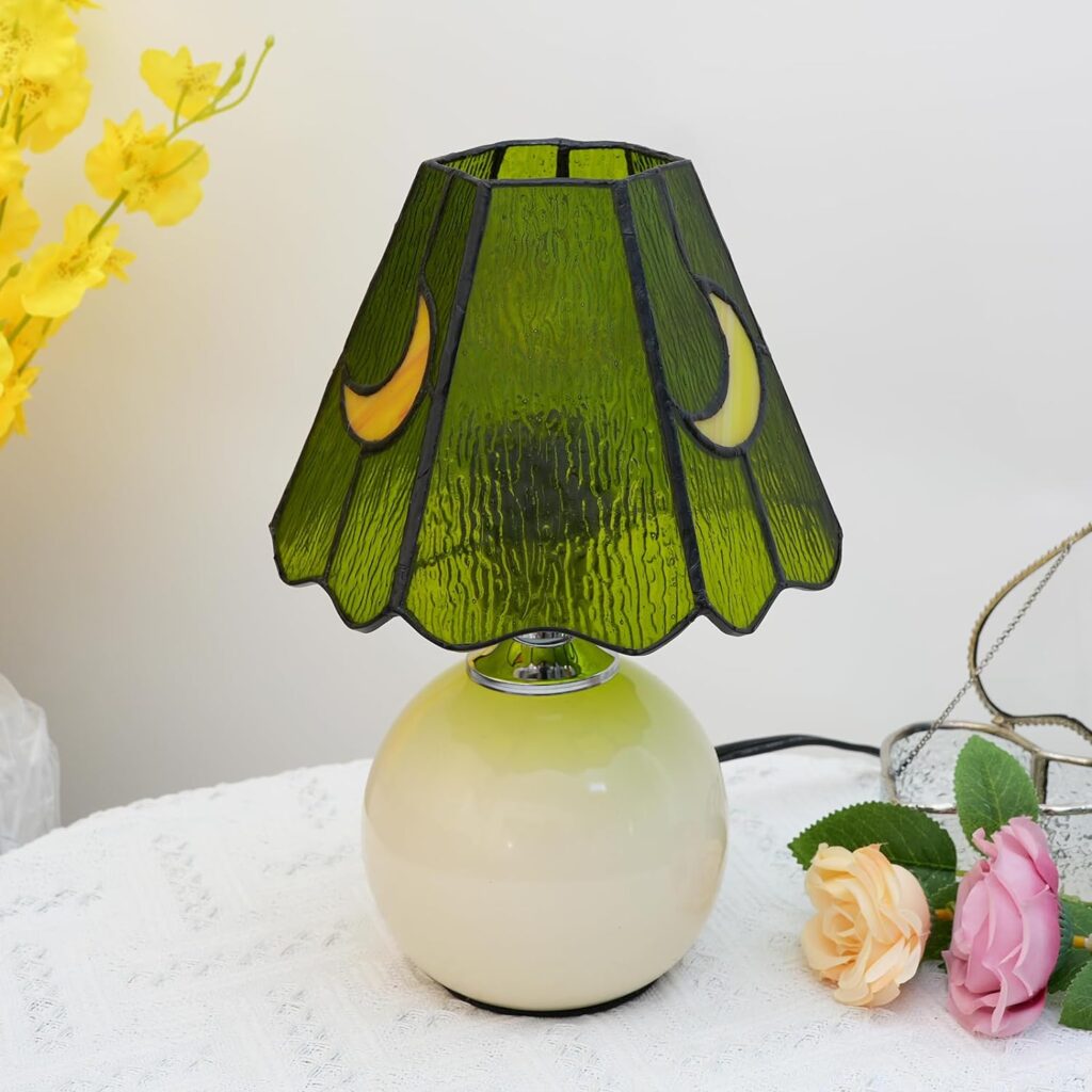 KIPHEPI Mushroom Lamp Stained Glass Lamp Moon lamp Bedside Table Lamp Night Lamps Tiffany lamp Cute Small Nightstand Desk lamp for Home Decor Study Living Bedroom Gift, Included E26 Bulb (W-1067)