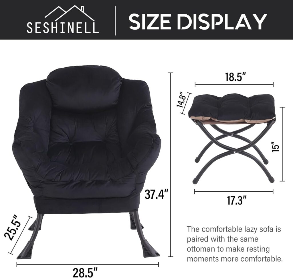 SESHINELL Lazy Chair with Ottoman, Modern Accent Chair Contemporary Lounge Leisure Sofa Chair with Armrests, Reading Chair and Folding Footstool Set for Living Room, Bedroom, Office, Black