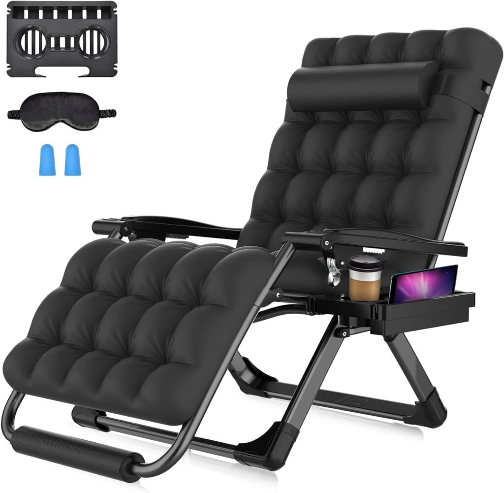 Suteck Oversized Zero Gravity Chair, 33In XXL Lounge Chair w/Removable Cushion  Headrest, Upgraded Aluminum Alloy Lock, Cup Holder and Footrest Patio Reclining Chair for Indoor Outdoor, 500lbs,Black