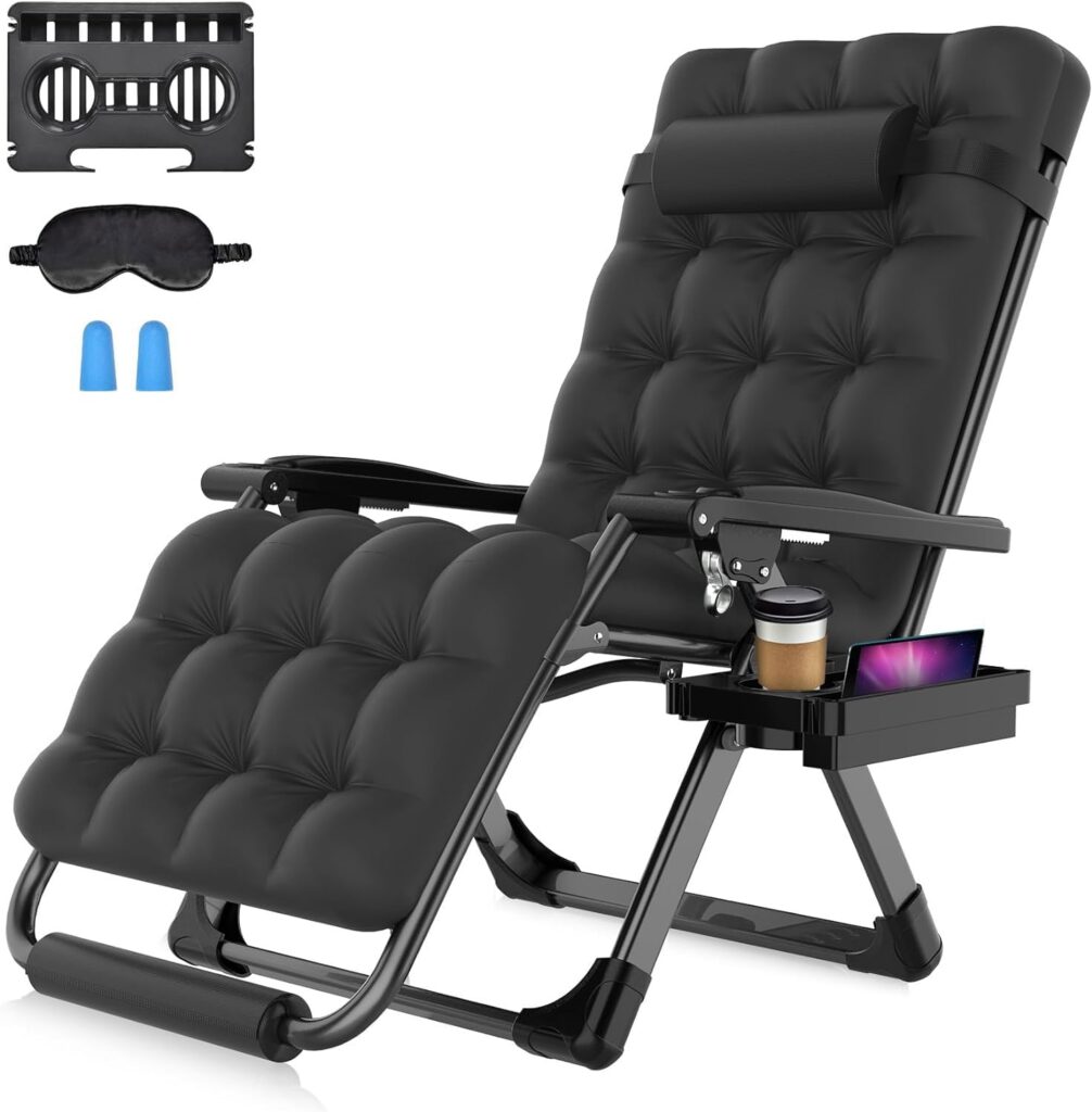 Suteck Oversized Zero Gravity Chair, 33In XXL Lounge Chair w/Removable Cushion  Headrest, Upgraded Aluminum Alloy Lock, Cup Holder and Footrest Patio Reclining Chair for Indoor Outdoor, 500lbs,Black