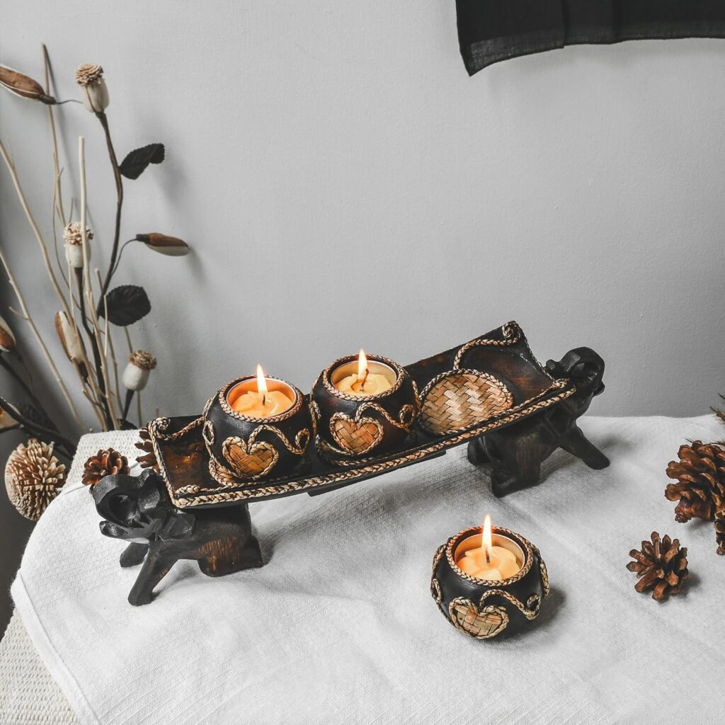 Thai Elephant Tray Carved Rain Tree Wooden Candle Holder