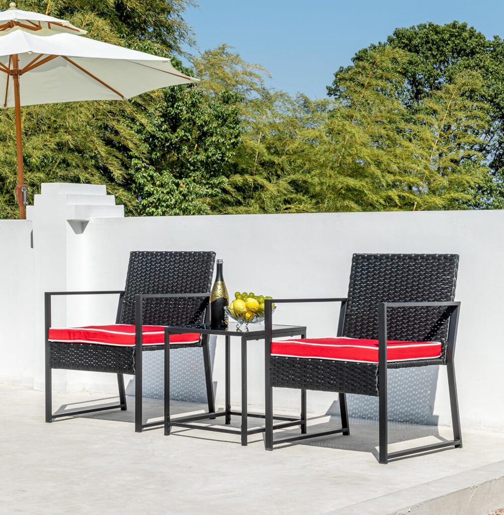 Aug-guan Patio Furniture Set,Wicker Bistro Set 3 Pieces Outdoor Furniture,Rattan Table and Patio Chairs Set for Balcony,Yard,Porch and Deck（red）