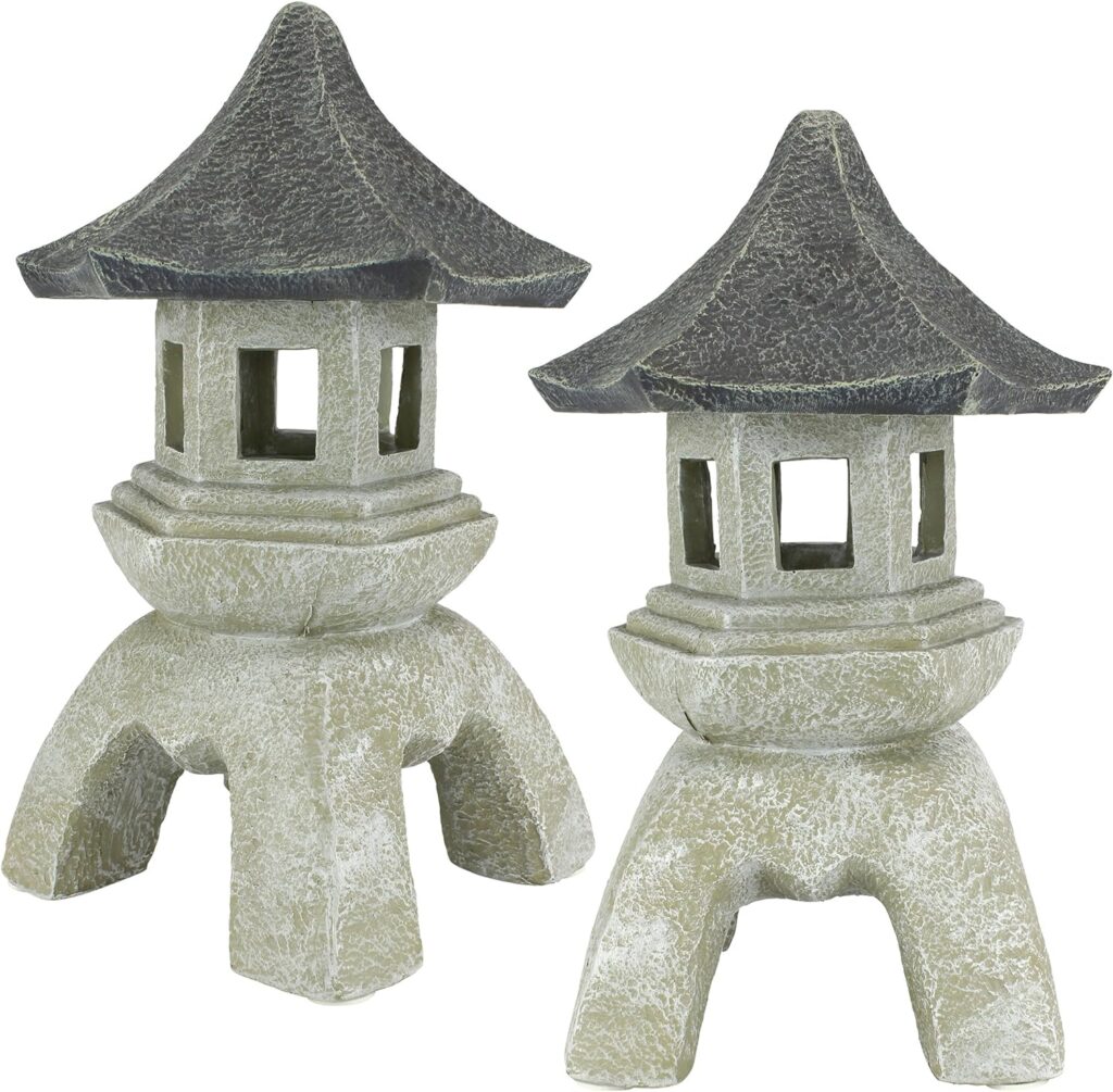 Design Toscano Asian Decor Pagoda Lantern Outdoor Statue, Large 17 Inch, Set of Two, Polyresin, Two Tone Stone