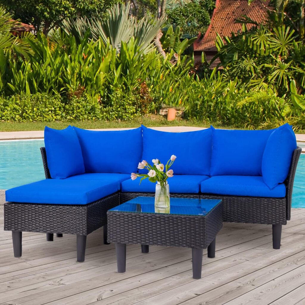 FDW Patio Furniture Sets 5 Pieces Outdoor Wicker Conversation Set Sectional Sofa Rattan Chair for Outdoor Backyard Porch Poolside Balcony Garden Furniture with Coffee Table,Red Cushion