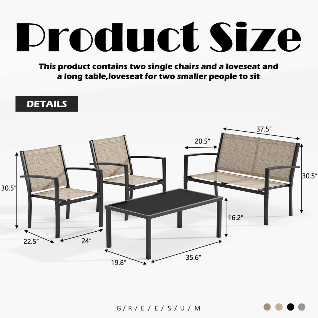 Greesum 3 Pieces Patio Furniture Set Outdoor Conversation Textilene Fabric Chairs for Lawn, Garden, Balcony, Poolside with A Glass Coffee Table, Black