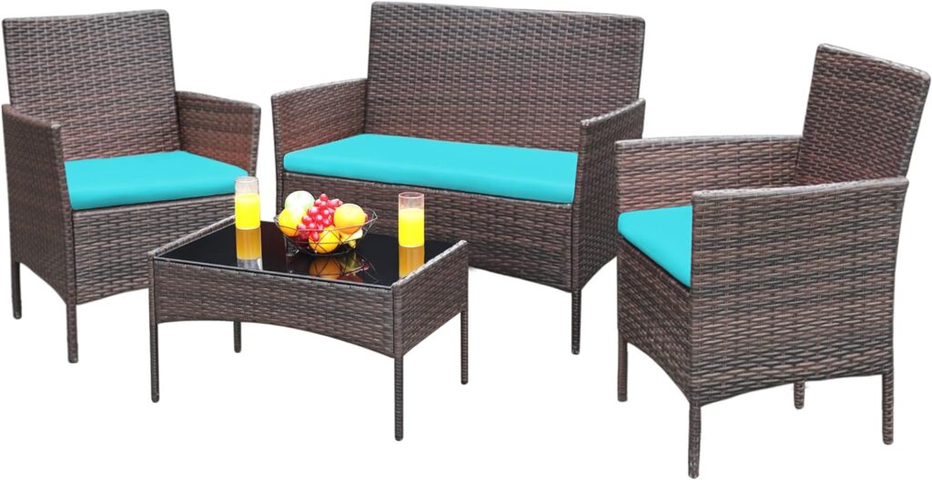 Greesum Patio Furniture 4 Pieces Conversation Sets Outdoor Wicker Rattan Chairs Garden Backyard Balcony Porch Poolside loveseat with Soft Cushion and Glass Table, Brown and Blue