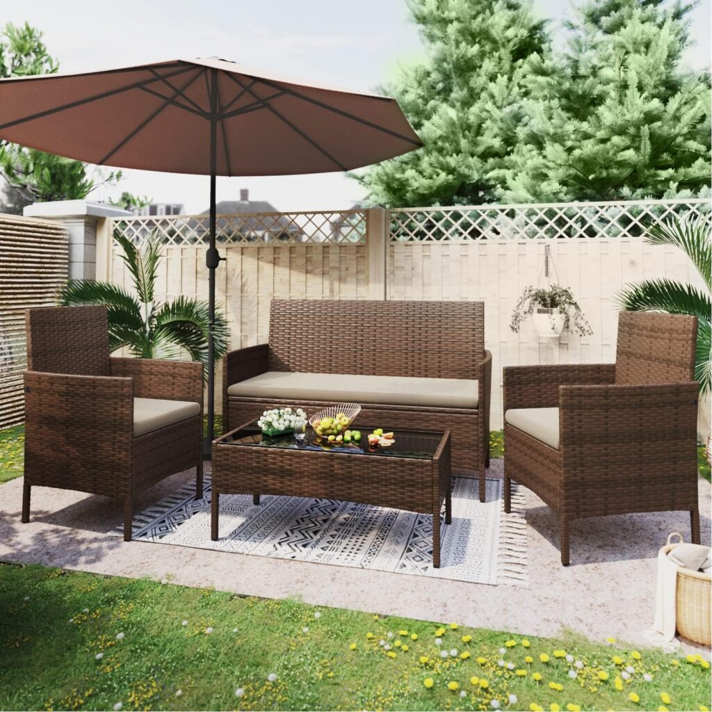 Greesum Patio Furniture 4 Pieces Conversation Sets Outdoor Wicker Rattan Chairs Garden Backyard Balcony Porch Poolside loveseat with Soft Cushion and Glass Table, Brown and Blue