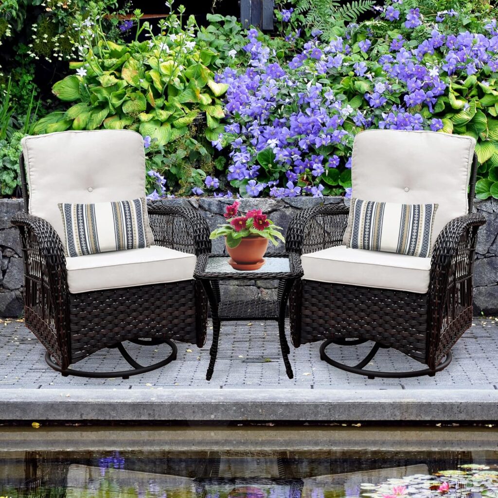 Harlie  Stone Outdoor Swivel Rocker Patio Chairs Set of 2 and Matching Side Table - 3 Piece Wicker Patio Bistro Set with Premium Fabric Cushions Outdoor Furniture (Dark Wicker Chair Beige Cushion)