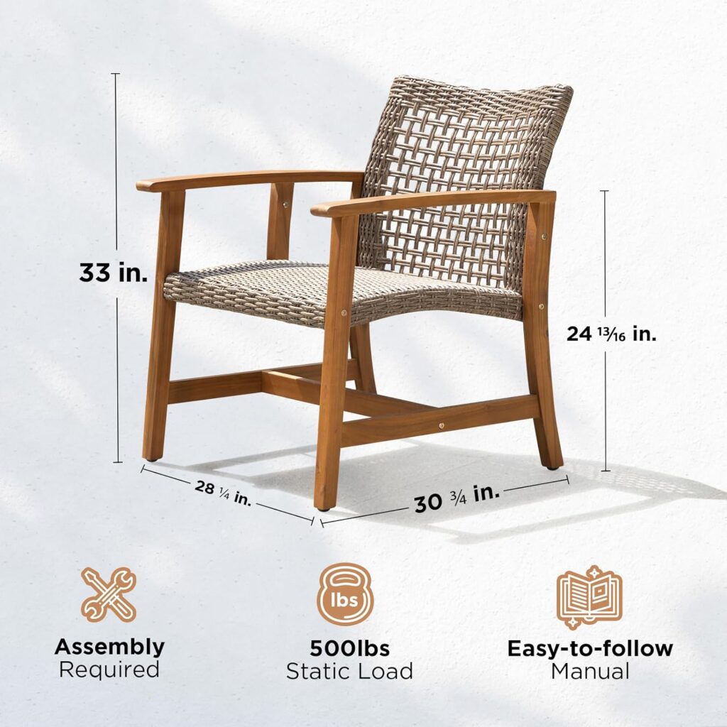 Liberte 500lbs Capacity Acacia Outdoor Club Chairs Set of 2, FSC Teak Finish Patio Furniture Sets with Upgraded 2000Hours UV Resistant, Wood Wicker_Dynamic Gray