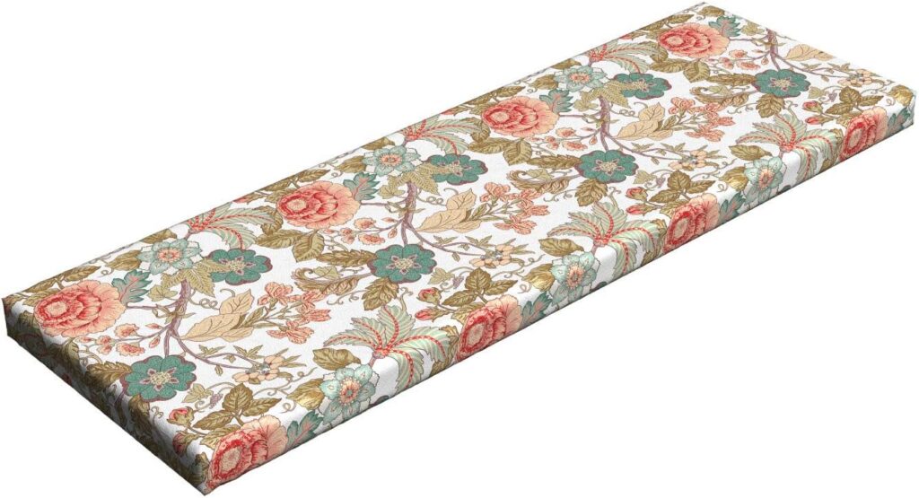 Lunarable Victorian Bench Pad, Flower Pattern Romantic Illustration Nostalgic Nature Bloom Oriental Inspiration, Standard Size HR Foam Cushion with Decorative Fabric Cover, 45 x 15 x 2, Green Pink