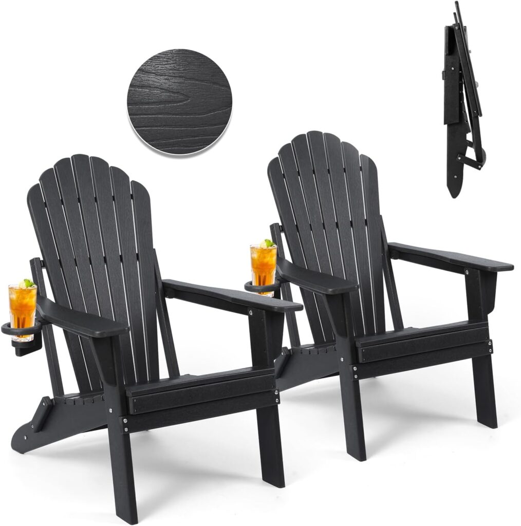 Plawdlik Folding Adirondack Chair Set of 2,SGS Tested,Wooden Textured with Cup Holder,Widened Heavy All-Weather HDPE Comfortable Seating for Ourdoor Black