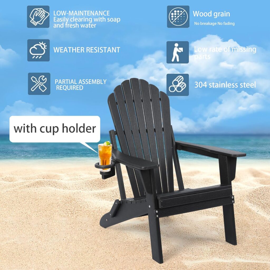 Plawdlik Folding Adirondack Chair Set of 2,SGS Tested,Wooden Textured with Cup Holder,Widened Heavy All-Weather HDPE Comfortable Seating for Ourdoor Black