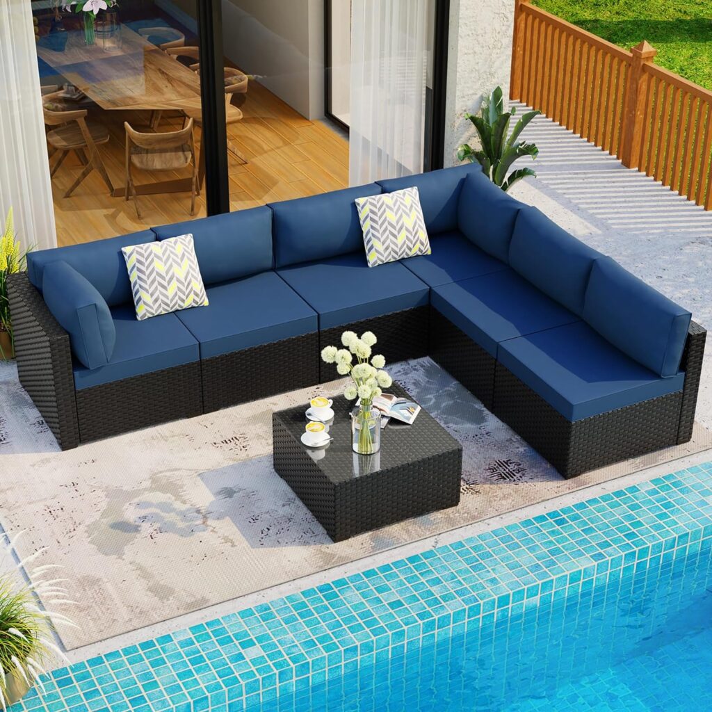 Shintenchi 7 Pieces Outdoor Patio Sectional Sofa Couch, Black Wicker Furniture Conversation Sets with Washable Cushions  Glass Coffee Table for Garden, Poolside, Backyard (Aegean Blue)