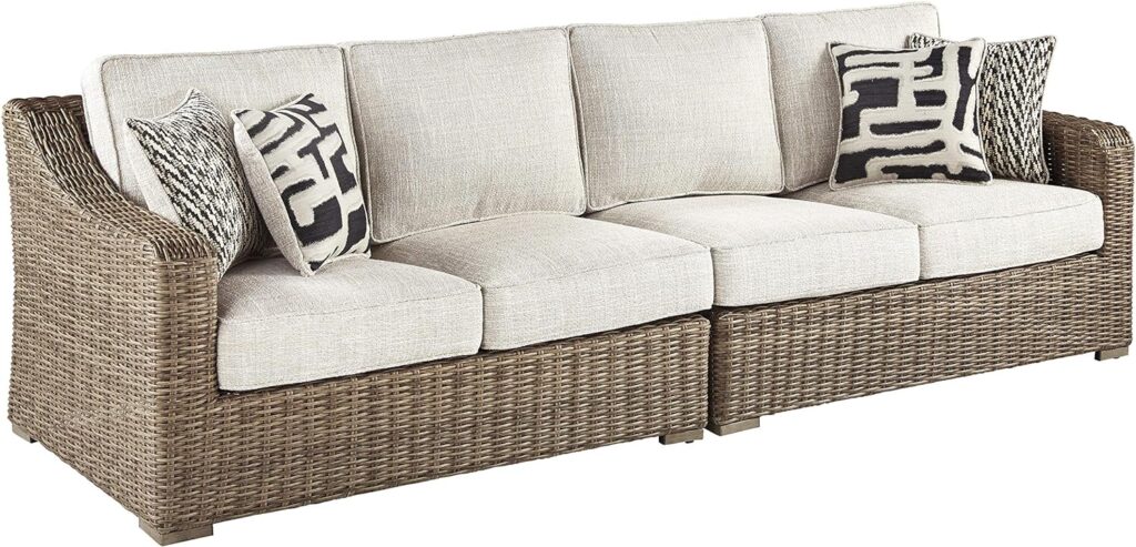 Signature Design by Ashley Beachcroft Outdoor Left  Right Arm Facing Wicker Patio Loveseats, Brown  Beige