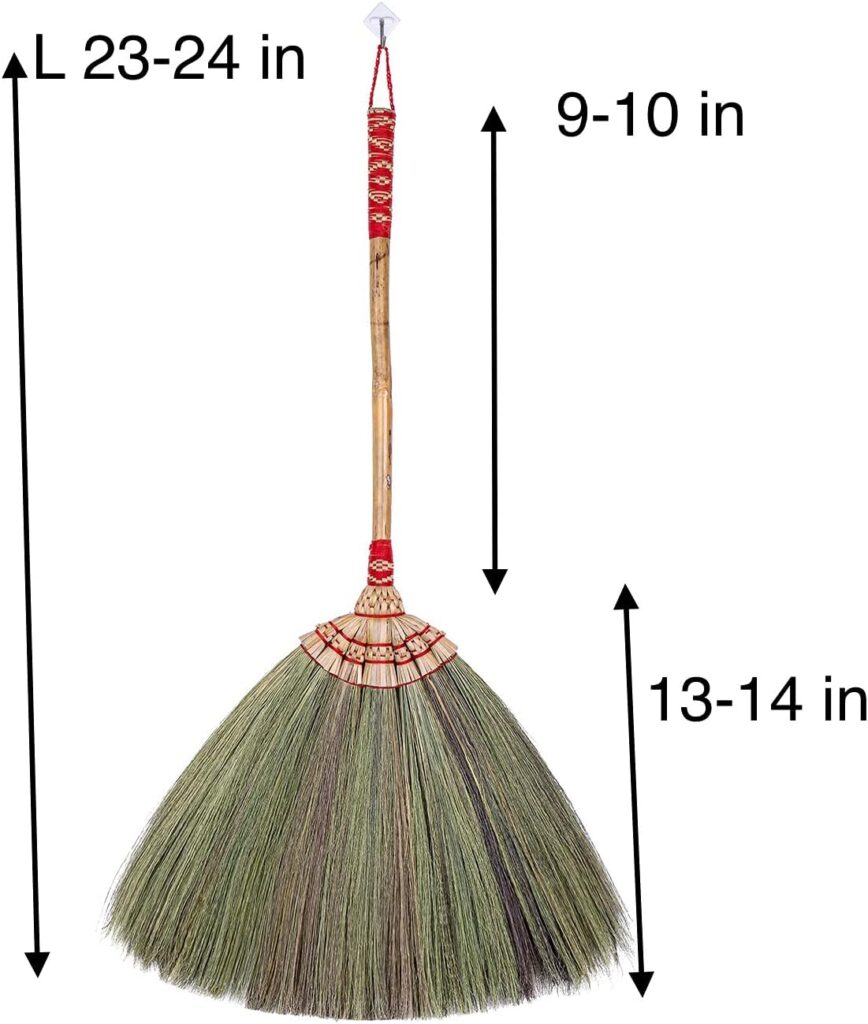 SN SKENNOVA - (Tiny Size) 23 inch Overall Tall x 16 inch Width of Asian Hand Broom Tiny Whisk Broom Bamboo Stick with Embroidery Woven Nylon Thread top and Bottom Handle Red or Green Color on Random