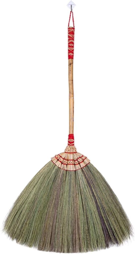 SN SKENNOVA - (Tiny Size) 23 inch Overall Tall x 16 inch Width of Asian Hand Broom Tiny Whisk Broom Bamboo Stick with Embroidery Woven Nylon Thread top and Bottom Handle Red or Green Color on Random