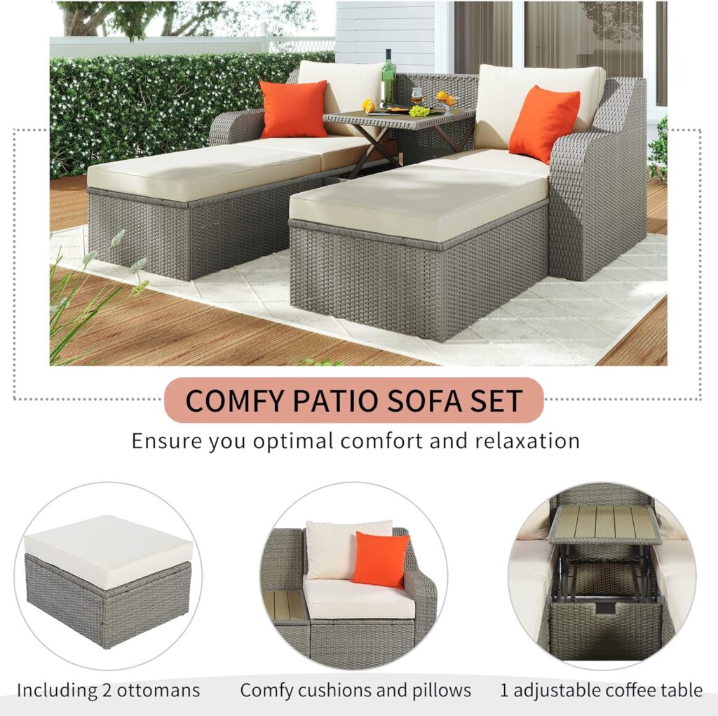 UBGO Furniture, Outdoor Sectional Lounge Chair, Conversation Sets,3-Piece Patio Wicker Sofa with Cushions, Pillows, Ottomans and Lift Top Coffee Table (Beige)