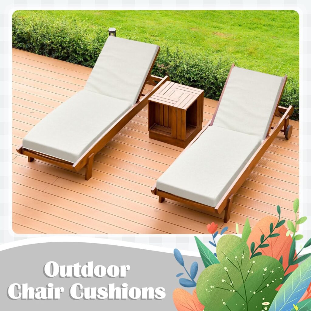 Uiifan Outdoor Chaise Lounge Cushion for Lawn Pool Furniture, 72L x 21W x 3H Water Resistant Memory Foam High Back Patio Outside Chair Cushion with Adjustable Straps, Beige