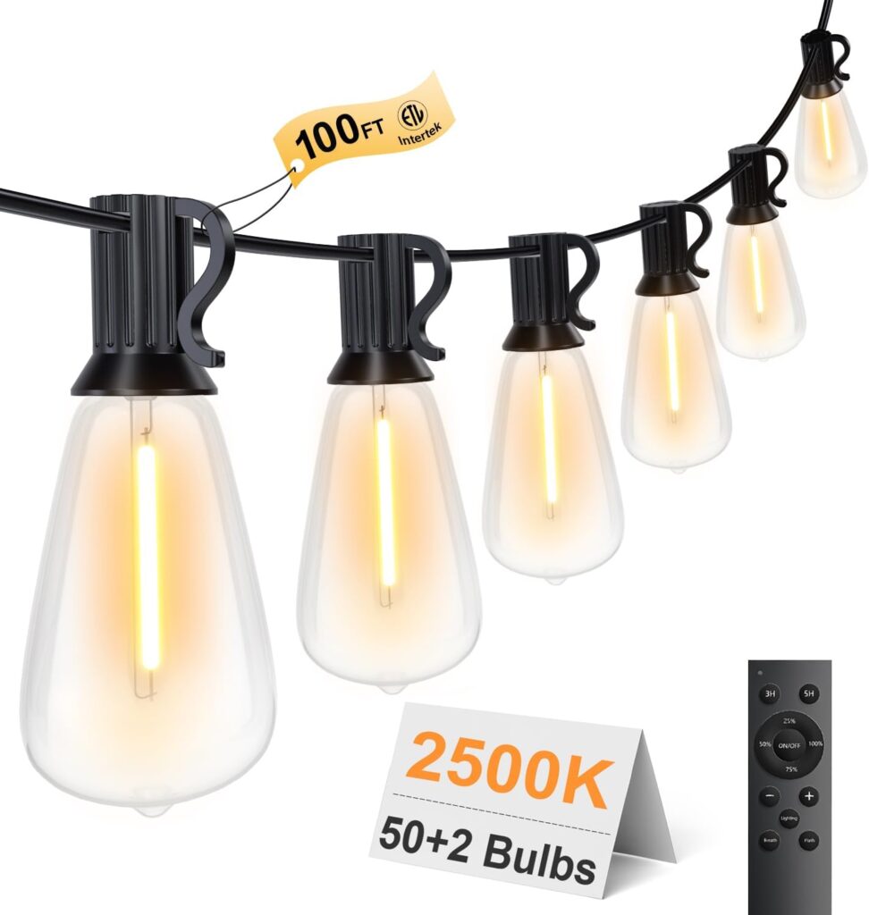 100FT LED Outdoor String Lights for Outside Remote 52 Edison Vintage Bulbs ST38 Dimmable Patio Lights Waterproof Shatterproof Timer for Garden Deck Backyard Yard House Hanging Lighting 2500K