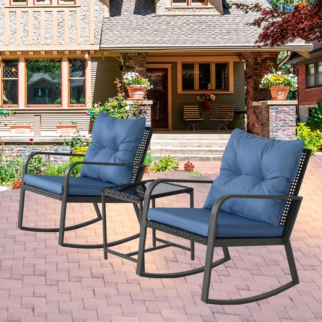 3 Pieces Patio Bistro Set Outdoor Rocking Chair w Blue Cusion for Yard Garden Poolside