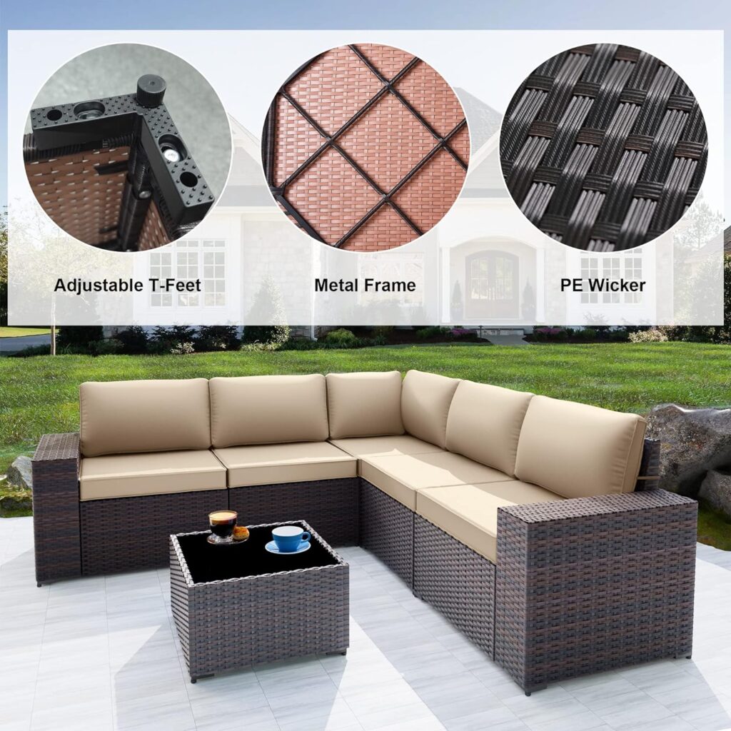 6 Pieces Outdoor Furniture Patio Set,Modern All-Weather Wicker Patio Conversation Sets with 5 BlackBrown Chairs and Coffee Table, Cushion Sets for Garden/Backyard/Balcony(Navy Blue)