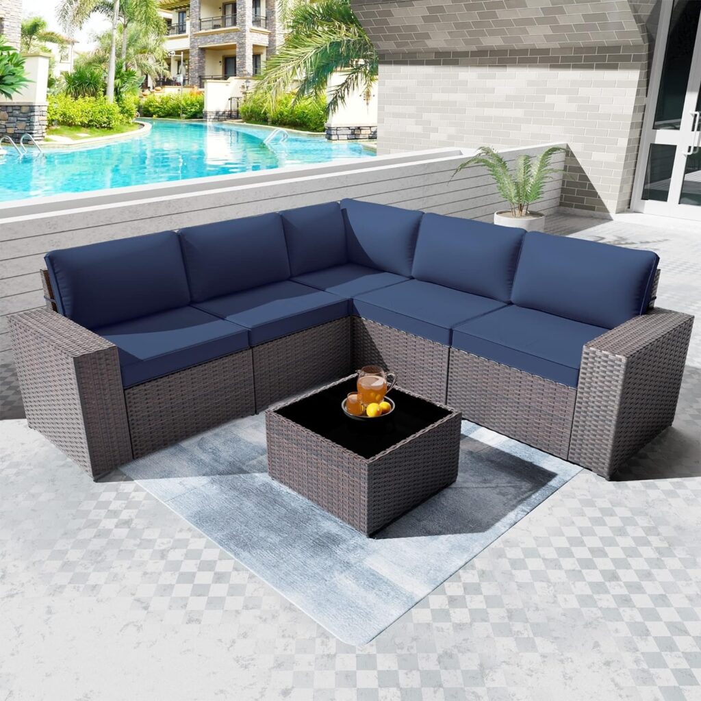 6 Pieces Outdoor Furniture Patio Set,Modern All-Weather Wicker Patio Conversation Sets with 5 BlackBrown Chairs and Coffee Table, Cushion Sets for Garden/Backyard/Balcony(Navy Blue)