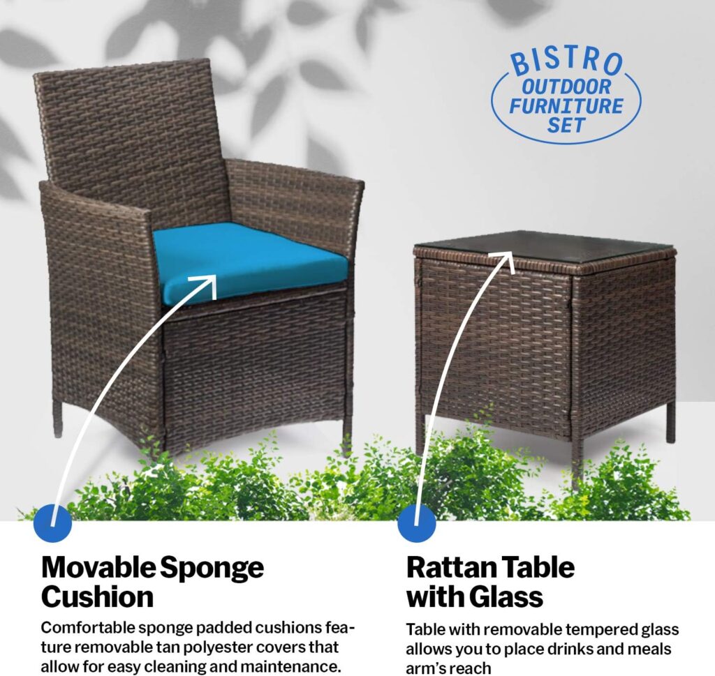 Alvino Patio Bistro Set 3-Piece Outdoor Wicker Furniture Sets, Modern Rattan Garden Conversation Chair with Thick Cushion and Glass Top Coffee Table (Dark Blue)