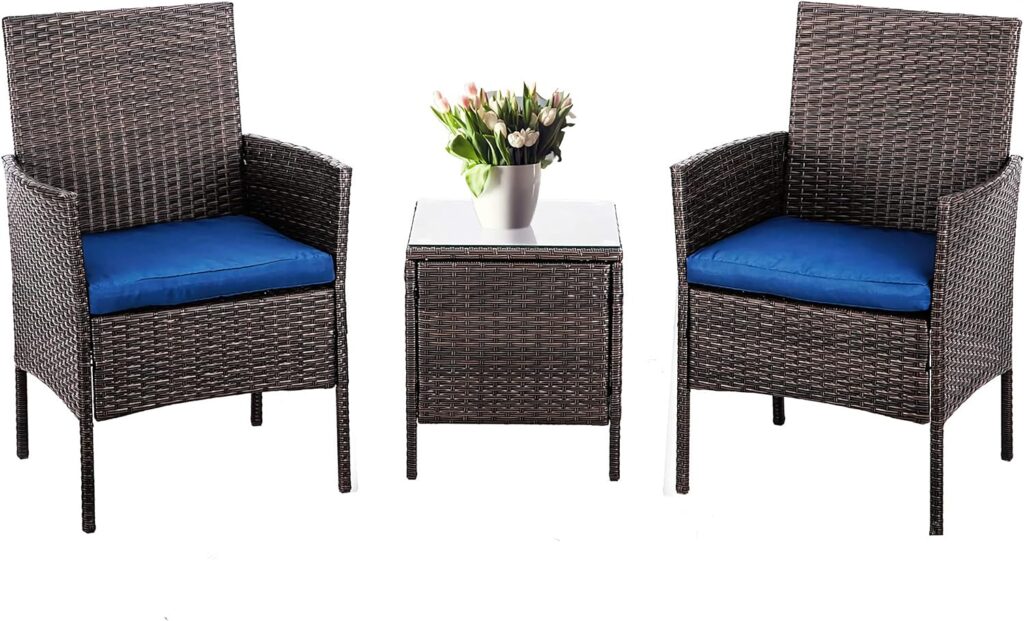 Alvino Patio Bistro Set 3-Piece Outdoor Wicker Furniture Sets, Modern Rattan Garden Conversation Chair with Thick Cushion and Glass Top Coffee Table (Dark Blue)