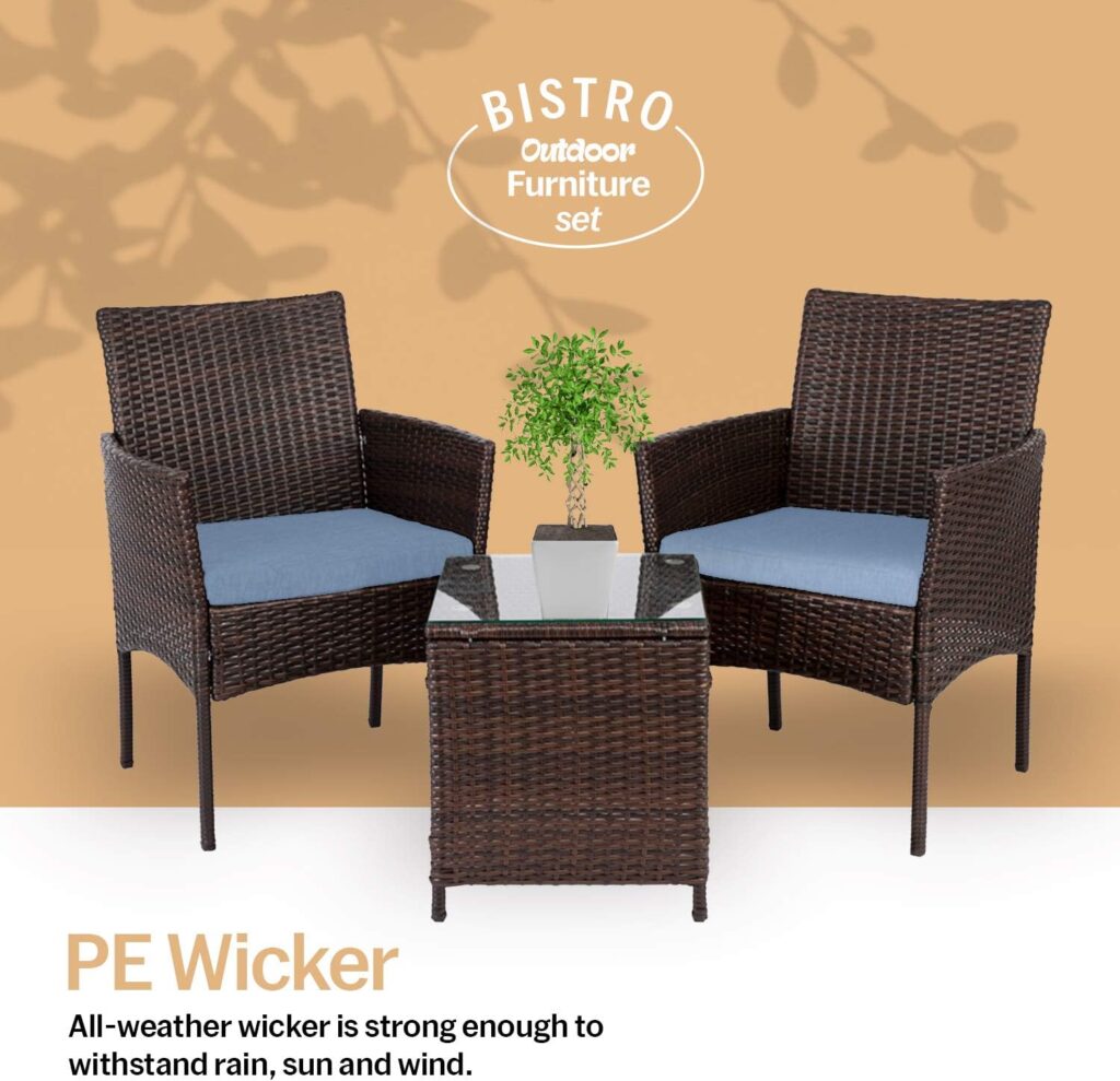 Alvino Patio Bistro Set 3-Piece Outdoor Wicker Furniture Sets, Modern Rattan Garden Conversation Chair with Thick Cushion and Glass Top Coffee Table (Dark Blue)