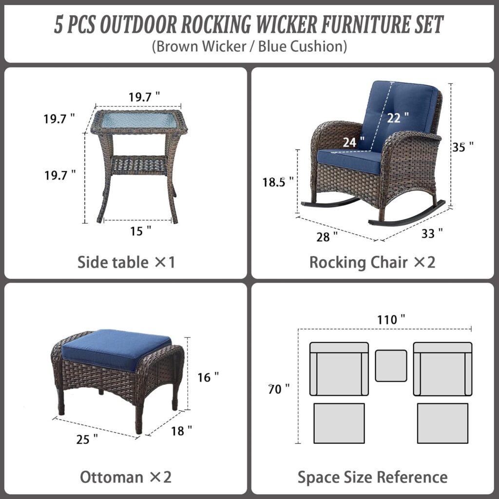 Belord Outdoor Rocking Chairs Set of 2, Wicker Rocker Rocking Chairs for Porch, 3 Pieces Patio Furniture Sets Rocking Bistro Set with Cushions and Side Table