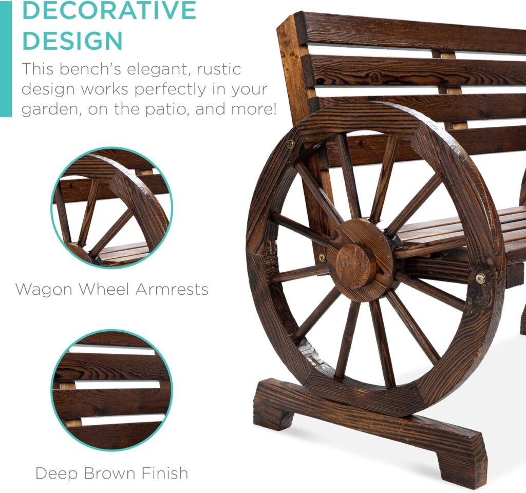 Best Choice Products 2-Person Wooden Wagon Wheel Bench for Backyard, Patio, Porch, Garden, Outdoor Lounge Furniture w/Rustic Country Design, Slatted Seat and Backrest - Brown