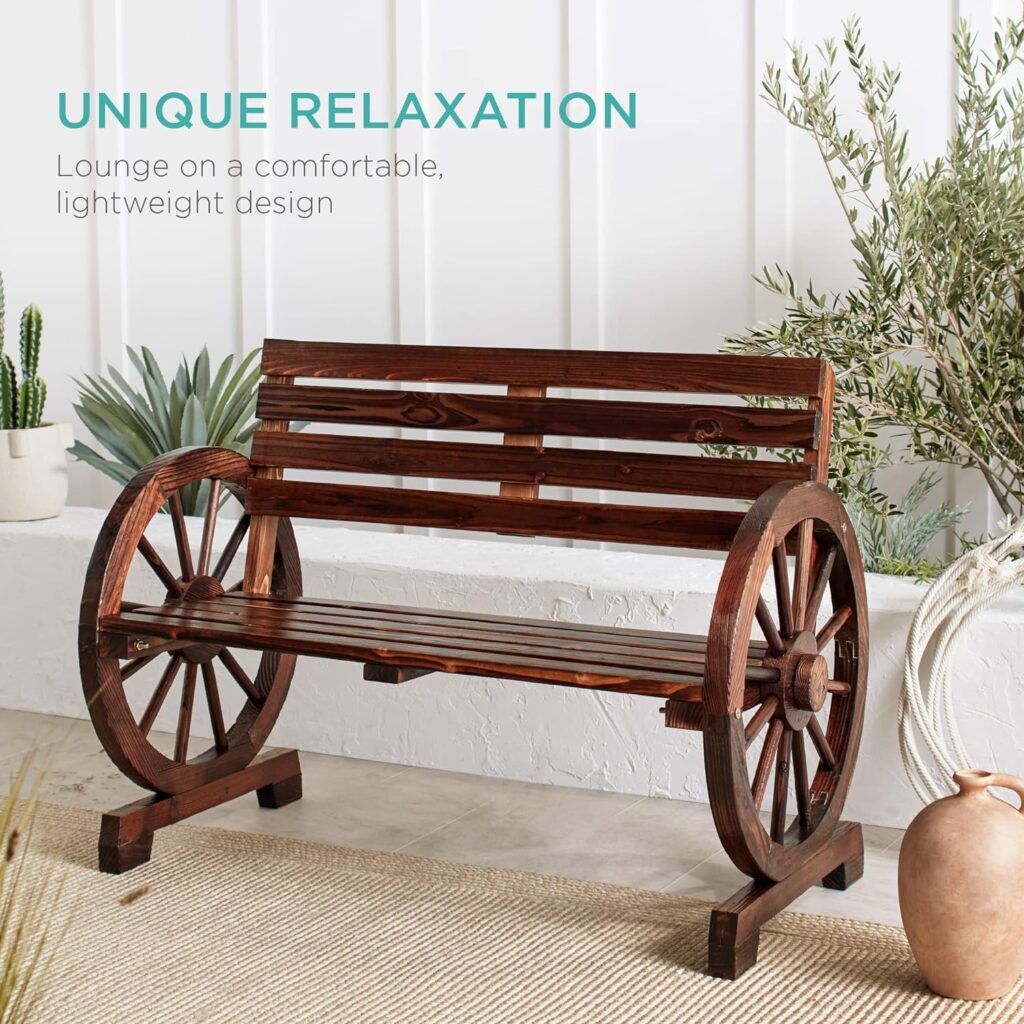 Best Choice Products 2-Person Wooden Wagon Wheel Bench for Backyard, Patio, Porch, Garden, Outdoor Lounge Furniture w/Rustic Country Design, Slatted Seat and Backrest - Brown