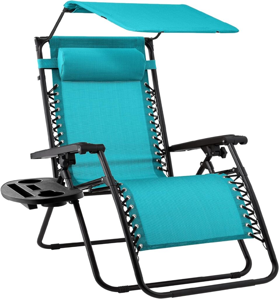 Best Choice Products Folding Zero Gravity Outdoor Recliner Patio Lounge Chair w/Adjustable Canopy Shade, Headrest, Side Accessory Tray, Textilene Mesh - Peacock Blue