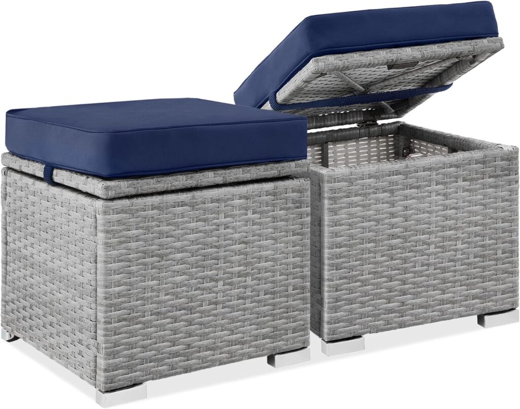 Best Choice Products Set of 2 Wicker Ottomans, Multipurpose Outdoor Furniture for Patio, Backyard, Additional Seating, Footrest, Side Table w/Storage, Removable Cushions - Gray/Navy