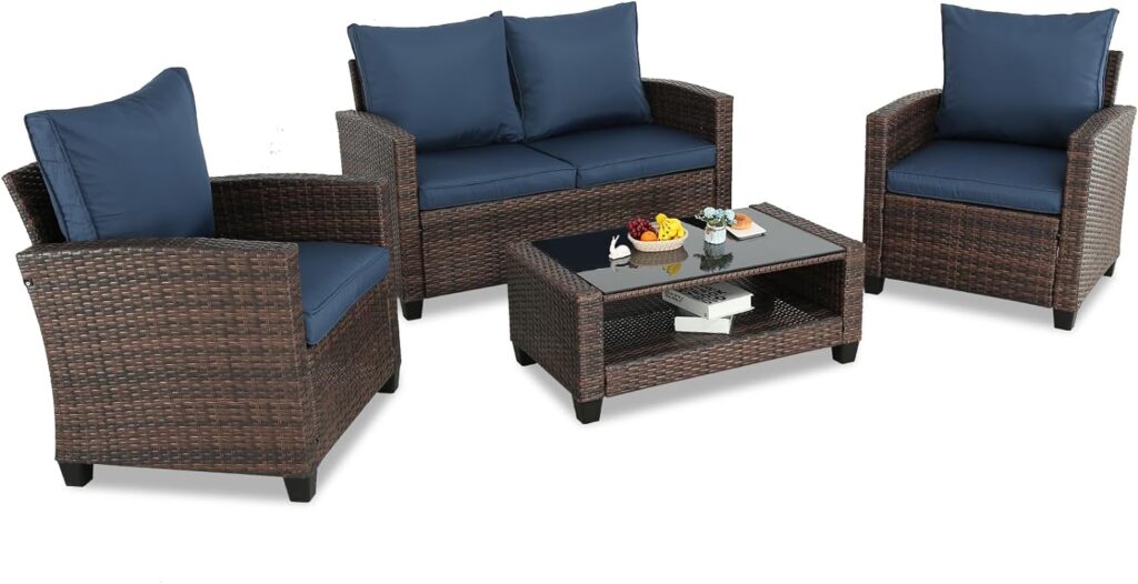 Do4U 4 Pieces Patio Furniture Sets Outdoor Sectional Wicker Set Outdoor Conversation Set Patio Set Patio Loveseats with Coffee Table Porch, Poolside, Terrace, and Yard (Z-Blue, Set of 4)