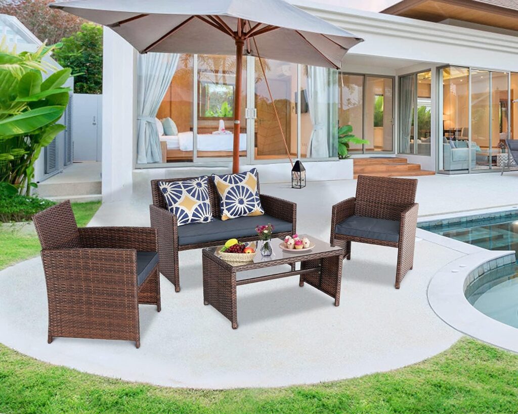 Do4U 4 Pieces Patio Furniture Sets Outdoor Sectional Wicker Set Outdoor Conversation Set Patio Set Patio Loveseats with Coffee Table Porch, Poolside, Terrace, and Yard (Z-Blue, Set of 4)