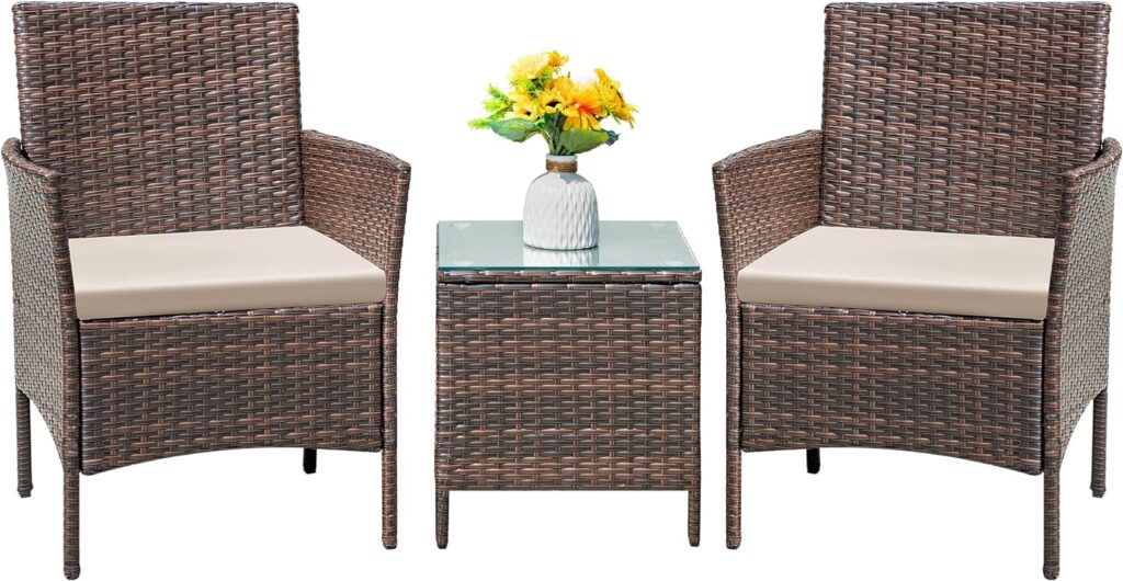 Flamaker Patio Furniture Set 3 Pieces All-Weather Rattan Outdoor Furniture Patio Chairs with Tempered Glass Table for Porch Bistro Balcony (Brown/Cream)