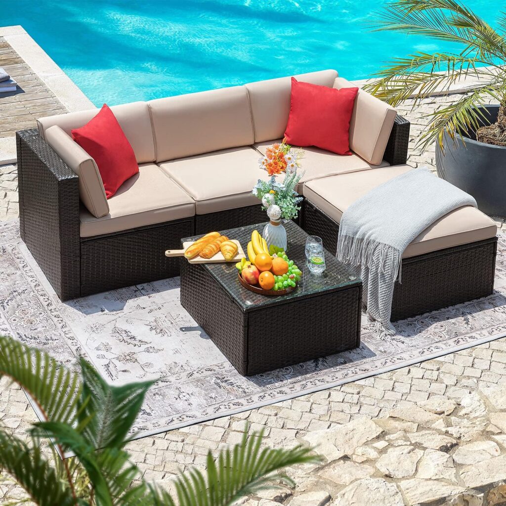 Flamaker Patio Furniture Set 5 Piece Outdoor Wicker Sectional Sofa with Thick Cushions  Tempered Glass Table Patio Couch Conversation Set for Deck, Porch, Terrace (Navy Blue)