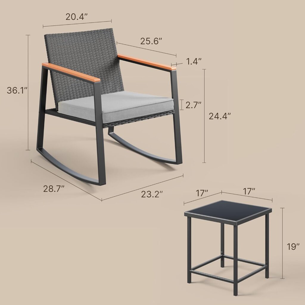 Gizoon 3 Pieces Rocking Patio Bistro Set with Anti-Scald Armrest, Outdoor Patio Wicker Furniture Set with Glass Table and Cushion for Garden, Yard, Porch