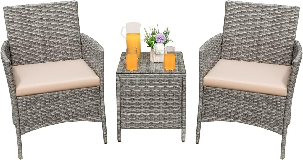 Greesum 3 Pieces Patio Furniture PE Rattan Wicker Chair Conversation Set, Gray and Beige