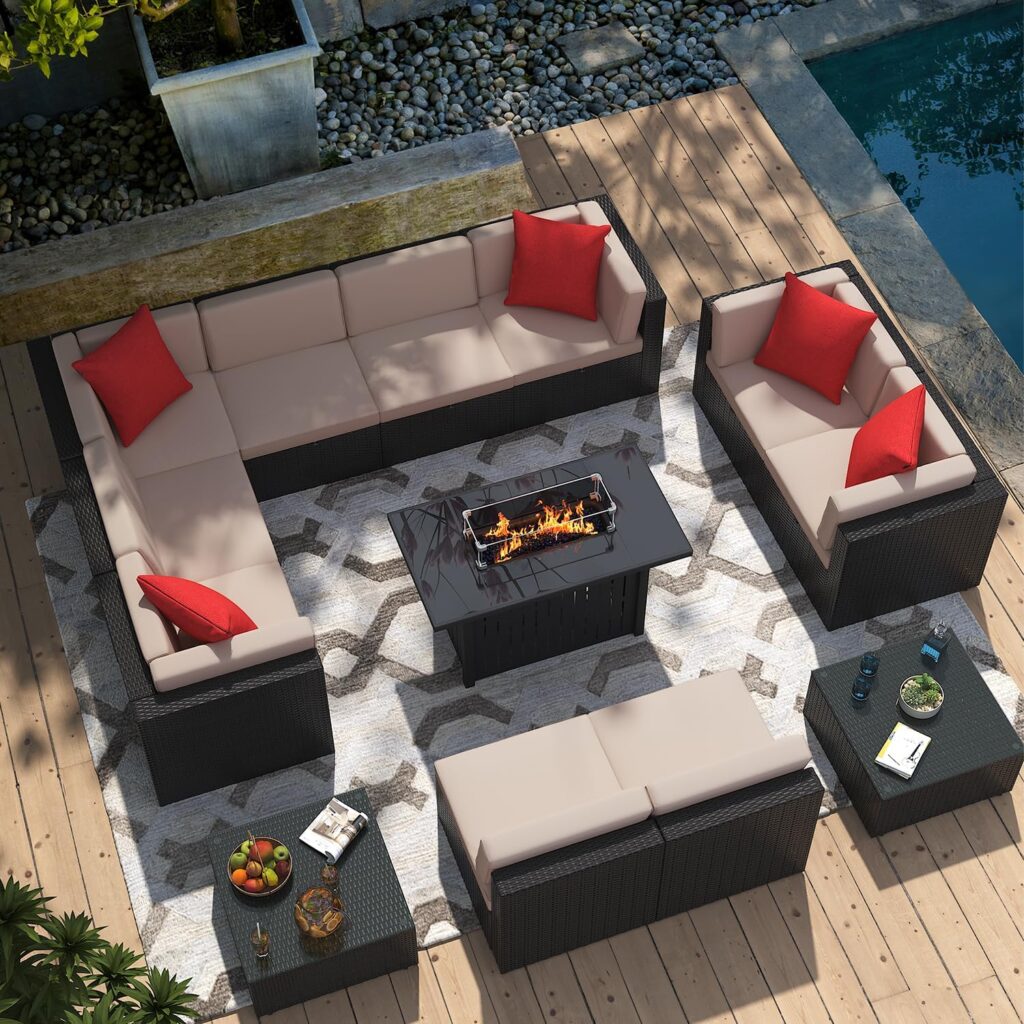 Greesum Patio Furniture 13-Pieces Outdoor PE Rattan Sectional Sofa w/43in Gas Fire Pit Table Sets 55000 BTU Add Warmth to Gatherings Parties On Deck Garden Backyard, Beige