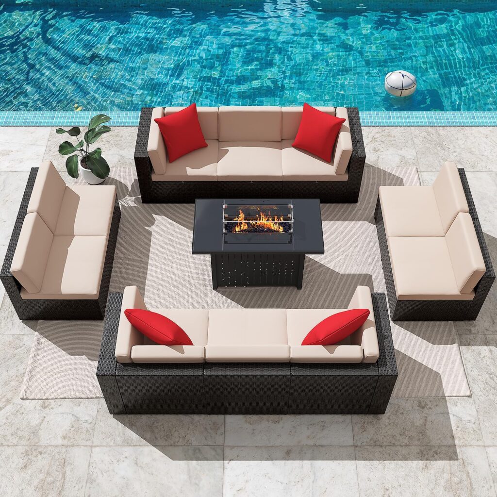 Greesum Patio Furniture 13-Pieces Outdoor PE Rattan Sectional Sofa w/43in Gas Fire Pit Table Sets 55000 BTU Add Warmth to Gatherings Parties On Deck Garden Backyard, Beige