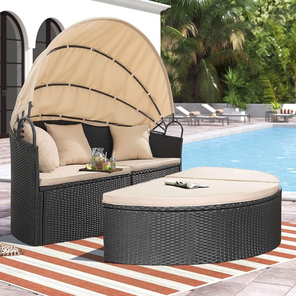 Homall Patio Outdoor Daybed with Retractable Canopy, Rattan Wicker Sectional Seating with Washable Cushions for Patio Backyard Porch Round Daybed Separated Seating (Beige)